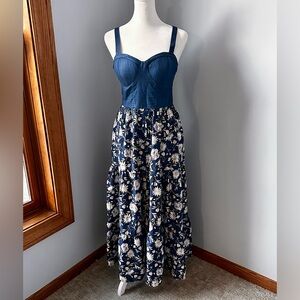 Floral Sleeveless Maxi Sundress with Sweetheart Neckline Denim Bodice